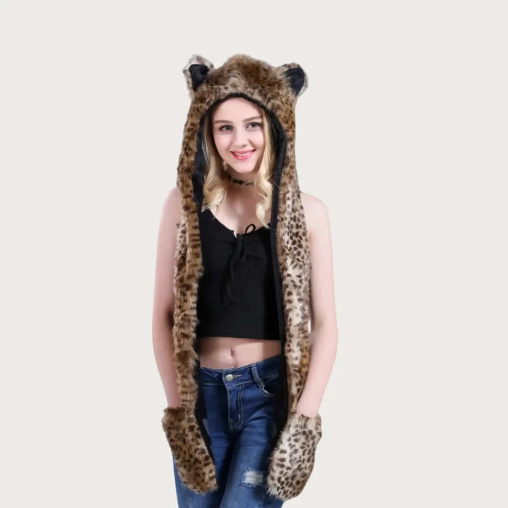 Women's Faux Fur Animal Hood Scarf – Warm Winter Snood with Paw Mittens