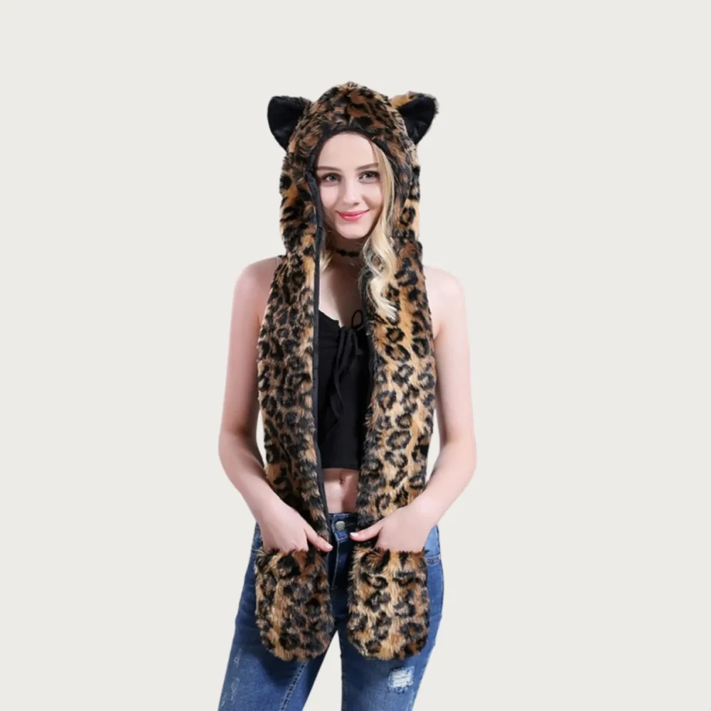 Women's Faux Fur Animal Hood Scarf – Warm Winter Snood with Paw Mittens