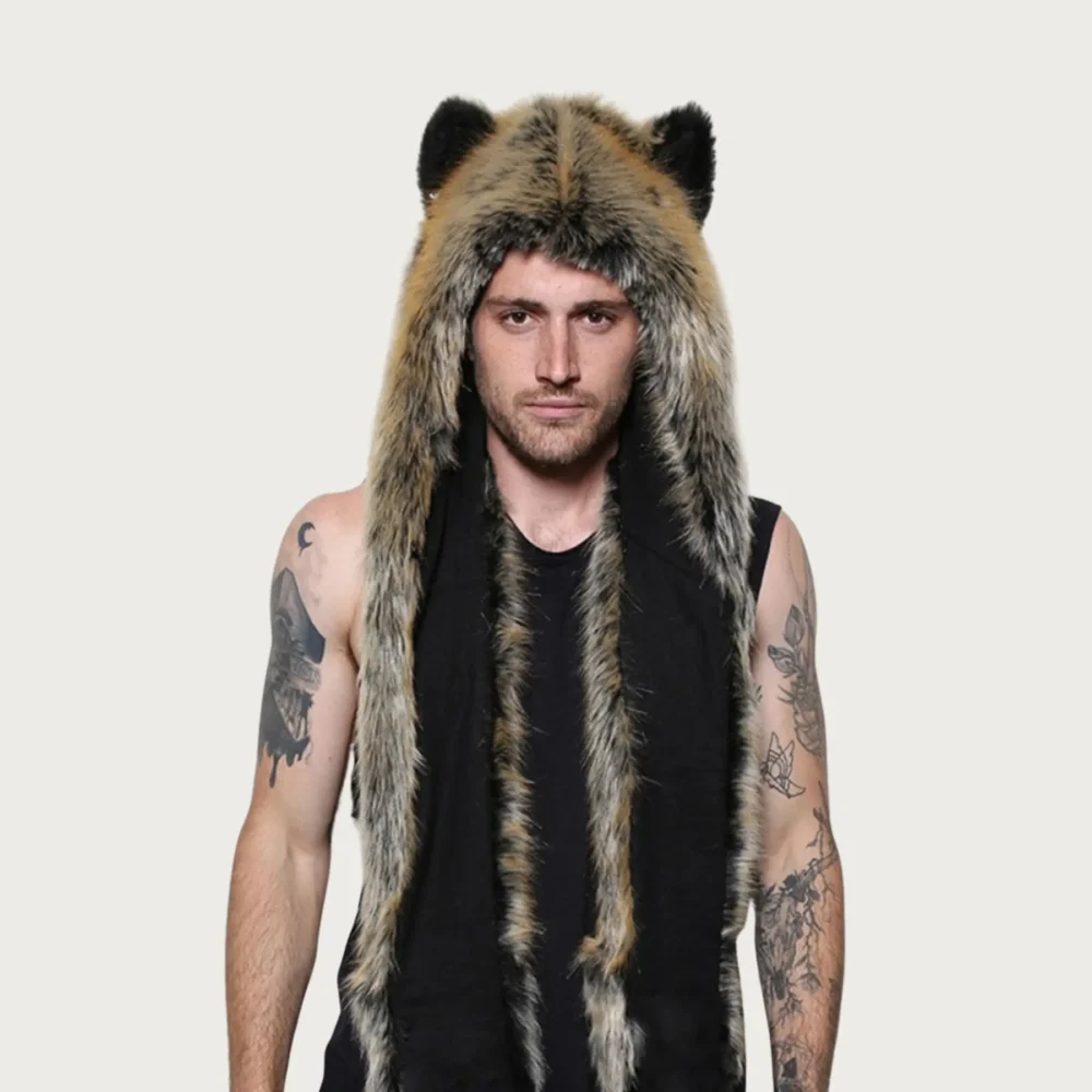 Women's Faux Fur Animal Hood Scarf – Warm Winter Snood with Paw Mittens