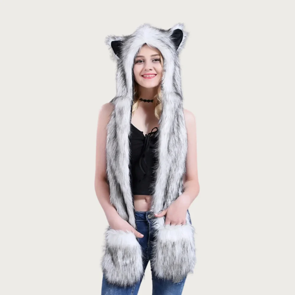 Women's Faux Fur Animal Hood Scarf – Warm Winter Snood with Paw Mittens