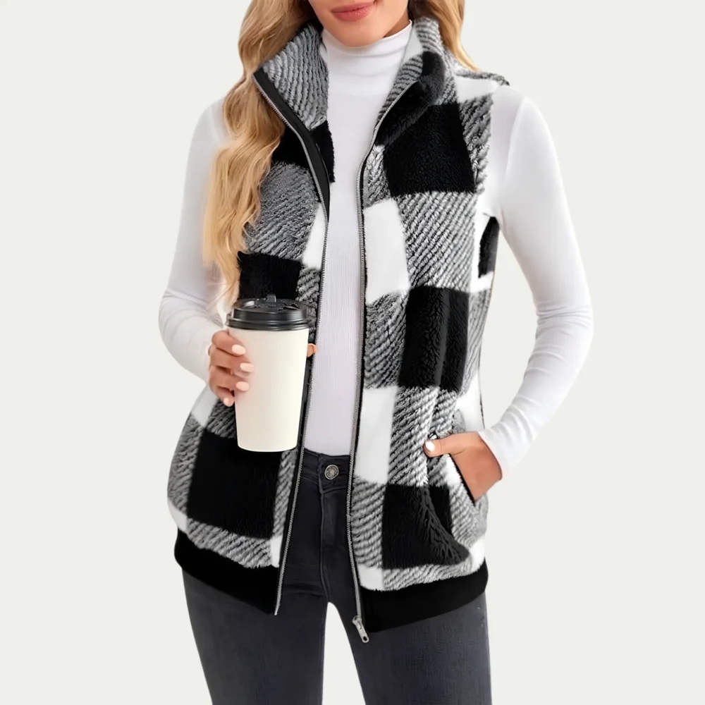 Women's Checked Fleece Body Warmer – Zip Up Gilet Waistcoat detail photo 2