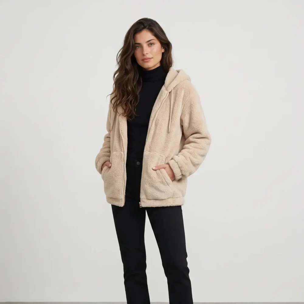 Women's Teddy Fleece Hooded Jacket – Warm Zip Up Winter Coat, Casual Mid-Length Outerwear