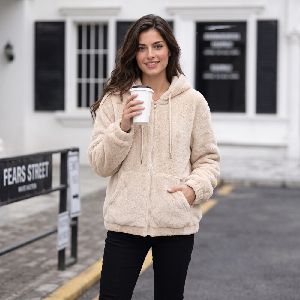Women’s Warm Fleece Jacket with Hood – Zip-Up Teddy Coat