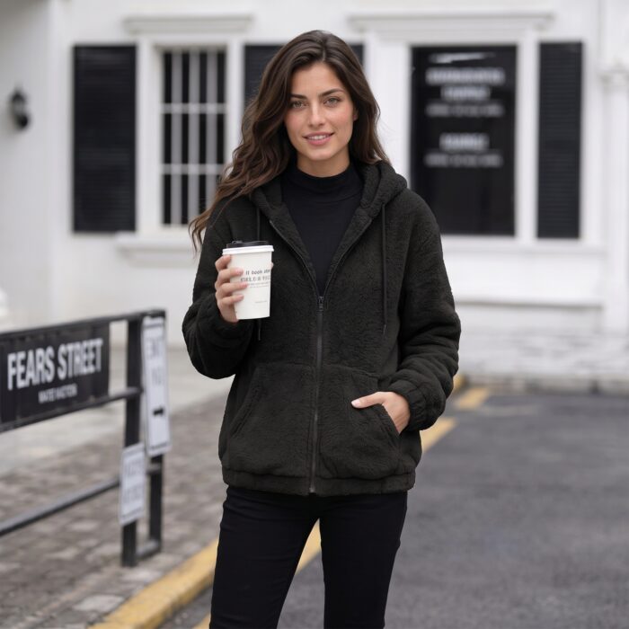 Women’s Warm Fleece Jacket with Hood – Zip-Up Teddy Coat