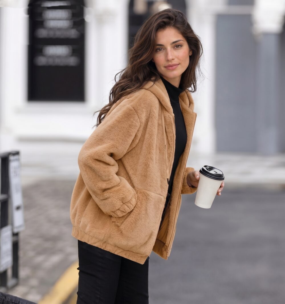 Women’s Warm Fleece Jacket with Hood – Zip-Up Teddy Coat
