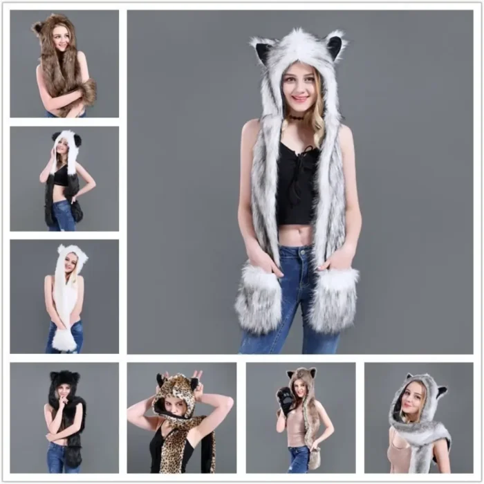 Women's Faux Fur Animal Hood Scarf – Warm Winter Snood with Paw Mittens