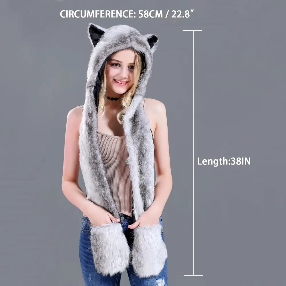 Women's Faux Fur Animal Hood Scarf – Warm Winter Snood with Paw Mittens