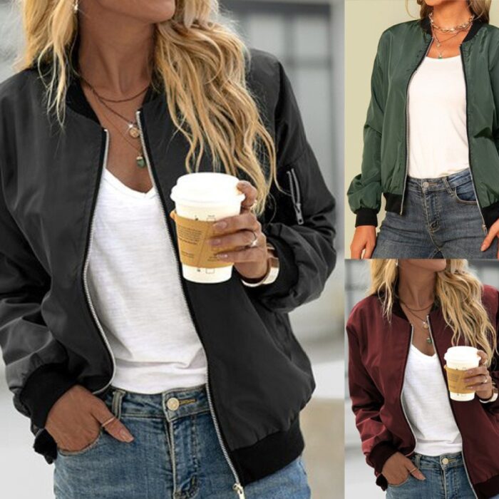 Women’s Lightweight Bomber Jacket – Casual Zip-Up Jacket with Pockets