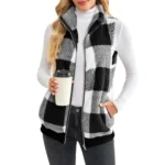 Women's Checked Fleece Body Warmer – Zip Up Gilet Waistcoat - Black