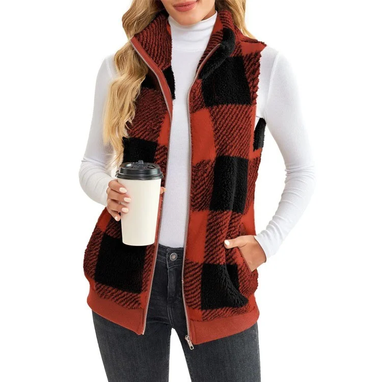 Women's Checked Fleece Body Warmer – Zip Up Gilet Waistcoat detail photo 3