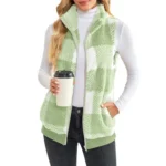 Women's Checked Fleece Body Warmer – Zip Up Gilet Waistcoat - Light Green