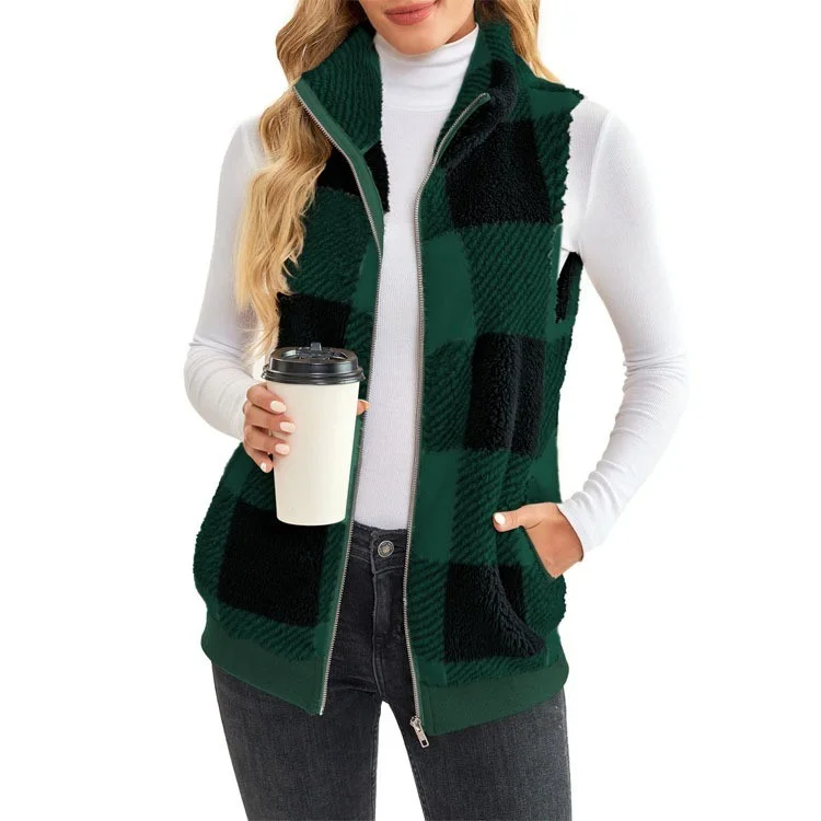 Women's Checked Fleece Body Warmer – Zip Up Gilet Waistcoat detail photo 5