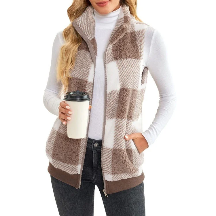 Women's Checked Fleece Body Warmer – Zip Up Gilet Waistcoat detail photo 6