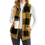 Women's Checked Fleece Body Warmer – Zip Up Gilet Waistcoat - Khaki