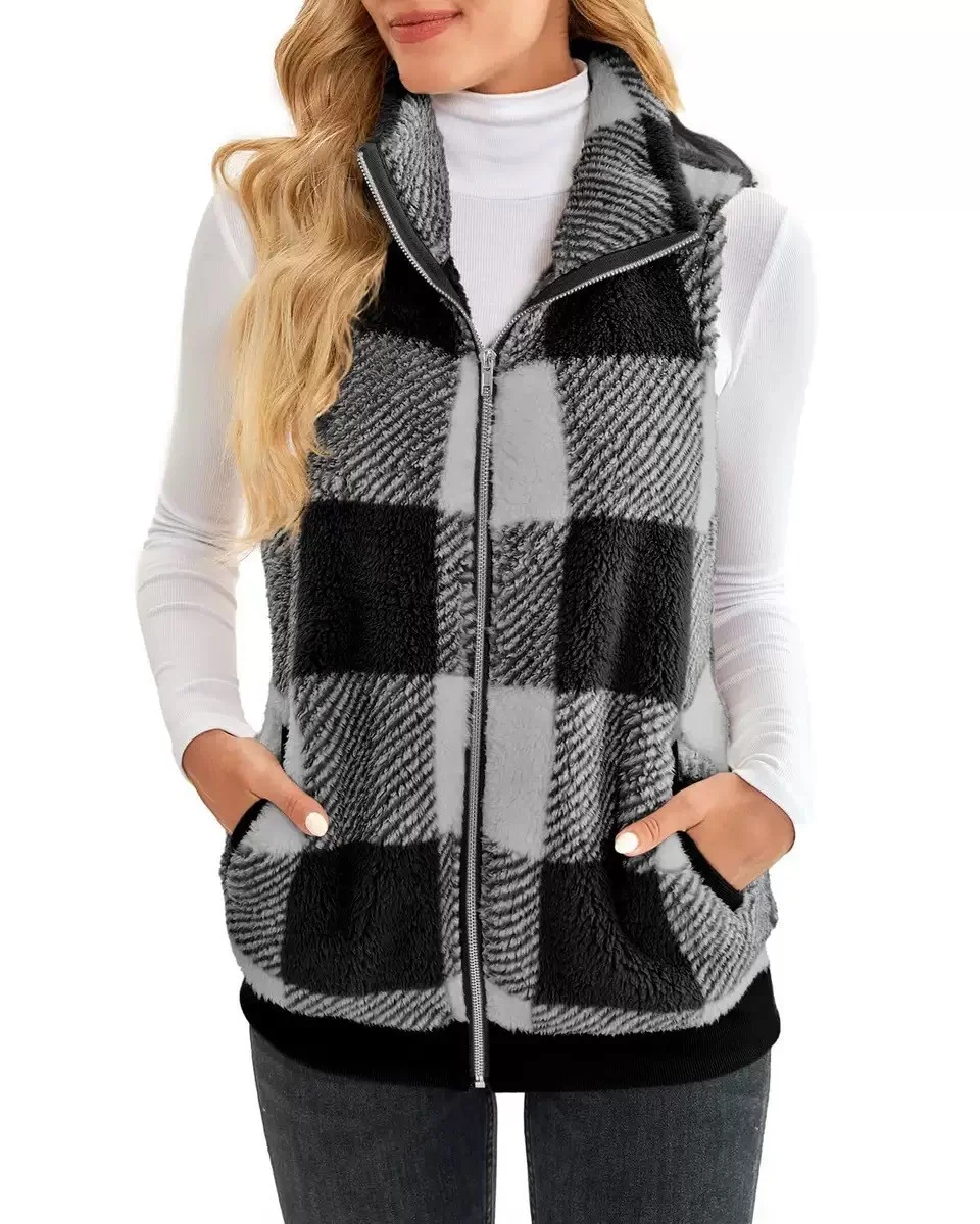 Women's Checked Fleece Body Warmer – Zip Up Gilet Waistcoat detail photo 10